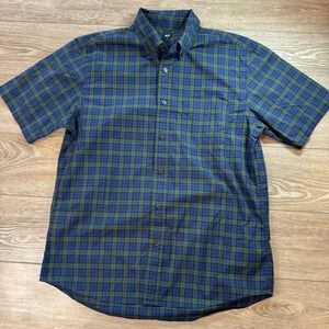 Uniqlo Men's Medium Blue Green Plaid Short Sleeve Button Up Casual Shirt